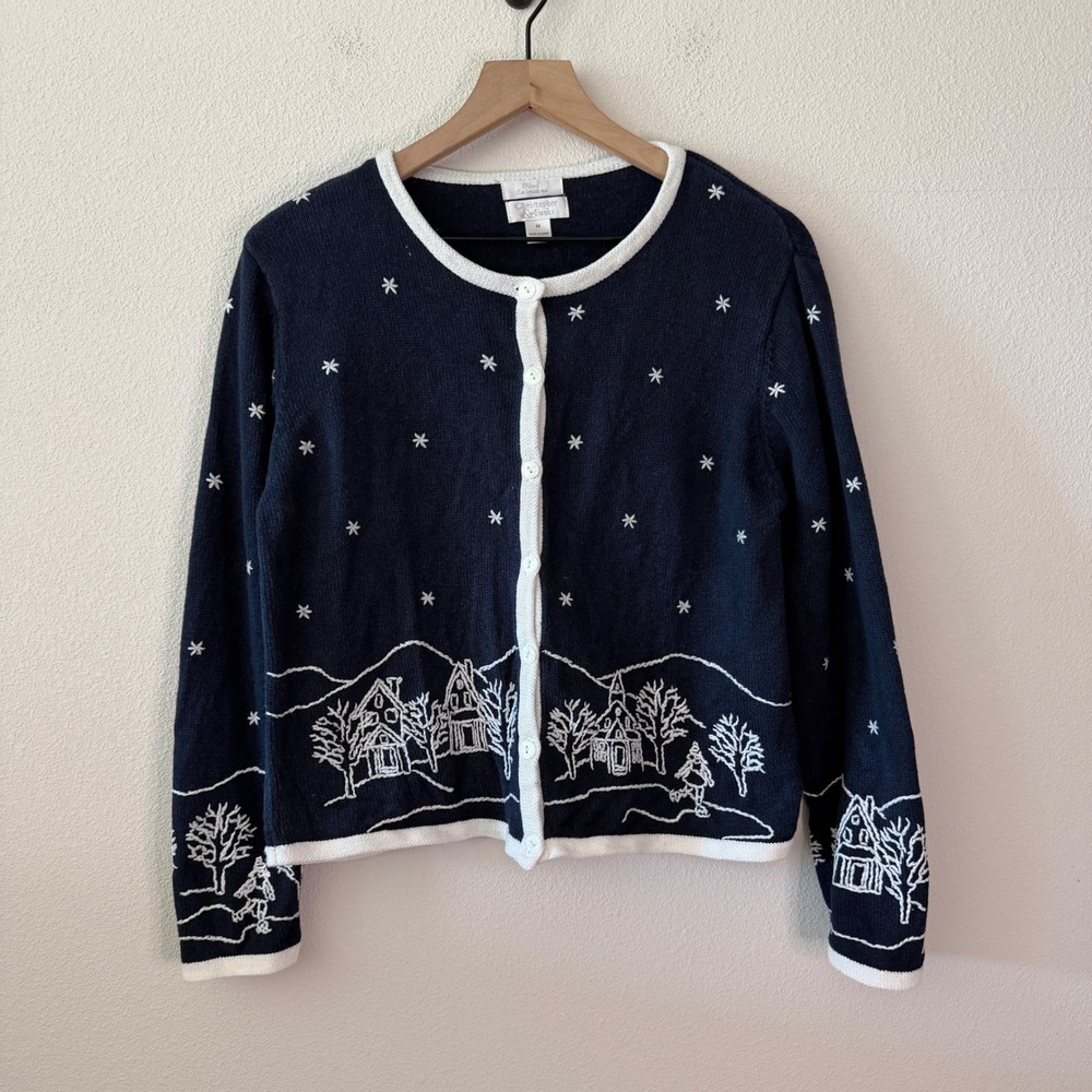 CHRISTOPHER & BANKS Women Cotton Winter Cardigan Sweater Size M Hand Embroidered